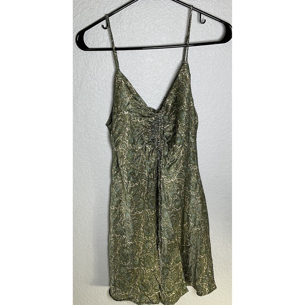 Zara Womens Olive Green Paisley Satin Slip Dress w/Ruched Front  Sz M 192